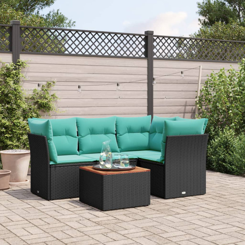 Ensemble de canapés de patio 5 pièces avec coussins d'extérieur en rotin de poly noir compact et durable