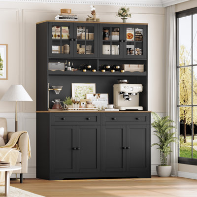 75.4" Farmhouse Baker's Rack With Charging Station, 47.2" Wide Countertop, 2 AC + 2 USB Outlets, Adjustable Shelves & Wine Storage, Soft-Close Doors