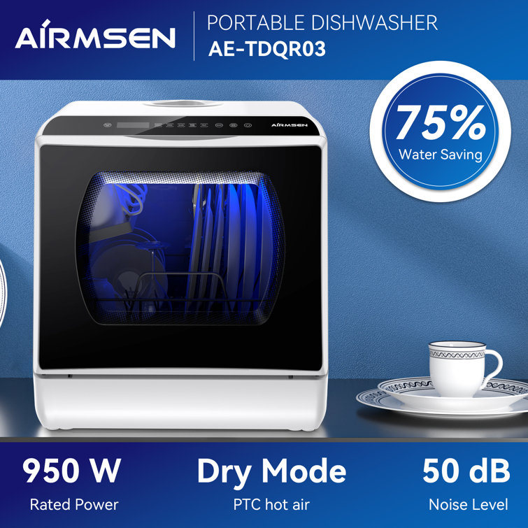 Airmsen AE-TDQR03 Portable Countertop Dishwasher with 5-Liter Built-In Water Tank and Air-Dry Function, 5 Washing Programs, White/Black, Size: 16.86 x