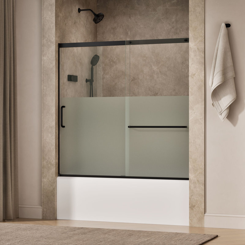 Elate Sliding Bath Door, 56-3/4-In H X 56-1/4 - 59-5/8-In W With Heavy 5/16-In Thick Crystal Clear Glass With Privacy Band