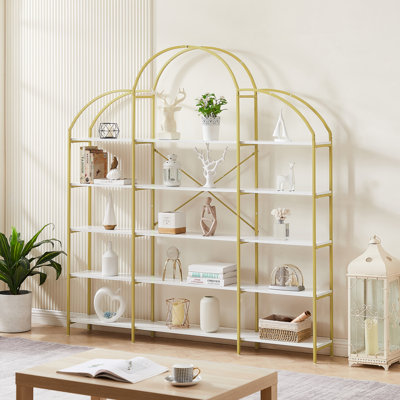  Bibliothèque 74,8 po à 5 niveaux pour bureau, tablette ouverte avec plateau rond et structure en X doré, doré et blanc