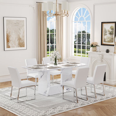 63" Faux Marble Dining Table Set with Faux Leather Chairs, Set for 4 or 6
