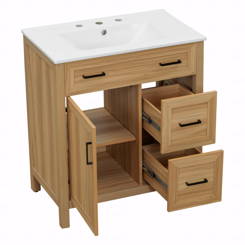 Meuble-lavabo en bois 30 po avec cadre en bois massif, 1 porte à fermeture douce, 2 tiroirs à fermeture douce, tablette réglable