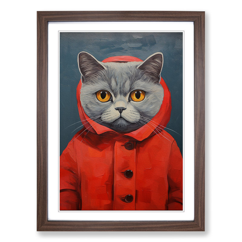 Cat Modern No.2 - Single Picture Frame Print on Wood, Walnut Framed, 34cm H x 25cm W x 2cm D