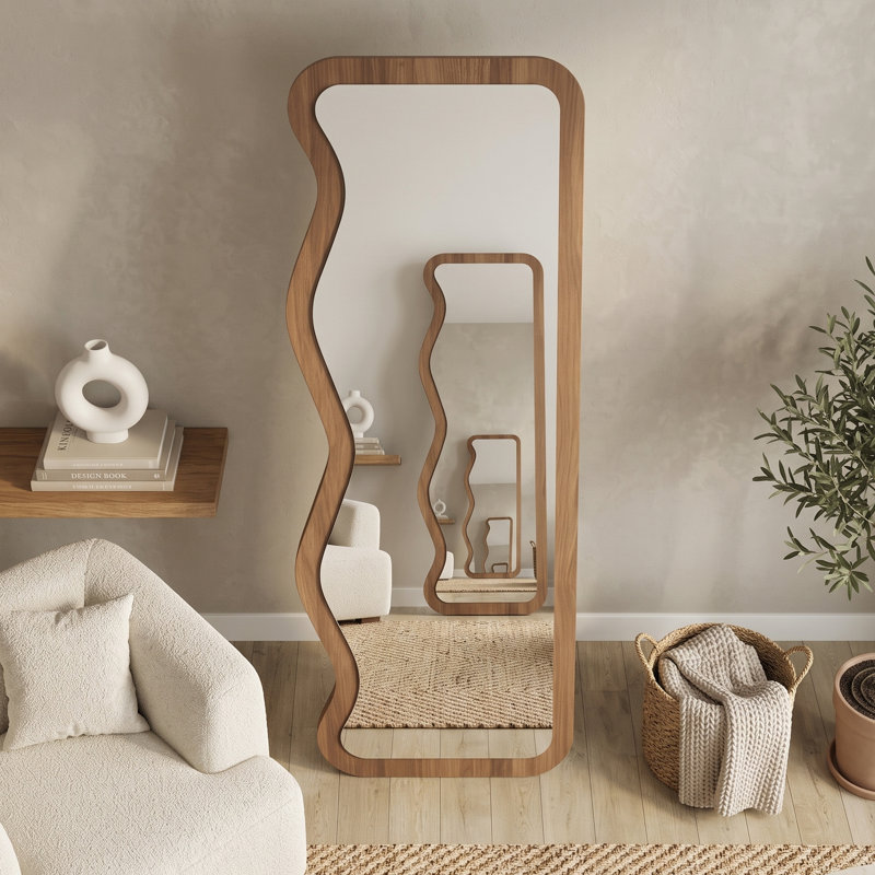 Miroir autoportant incurvé unique, Noyer