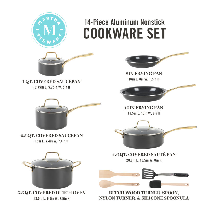 Martha Stewart 14-Piece Black and Gold Non-Stick Aluminum Cookware Set
