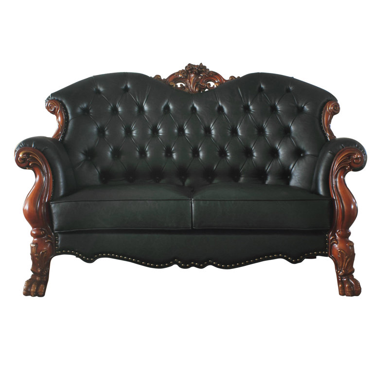 Caruthers Rolled Arm Loveseat with Pillows, Black Faux Leather