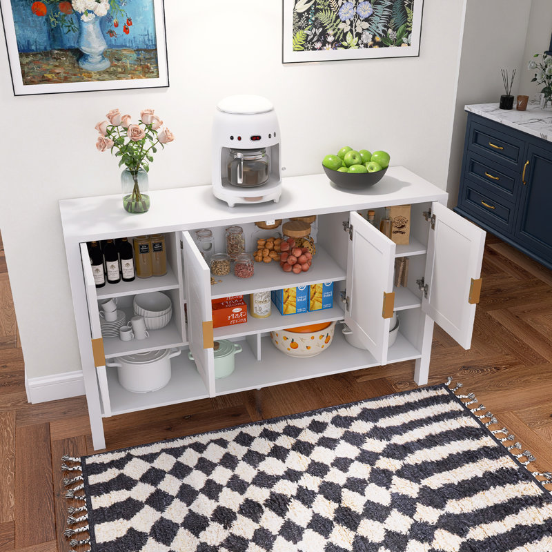 Buffet de rangement en panneau de fibres à densité moyenne avec 4 portes, buffet multifonctionnel avec tablette ouverte et 2 tablettes réglables, armoire moderne avec crochets doubles, blanc