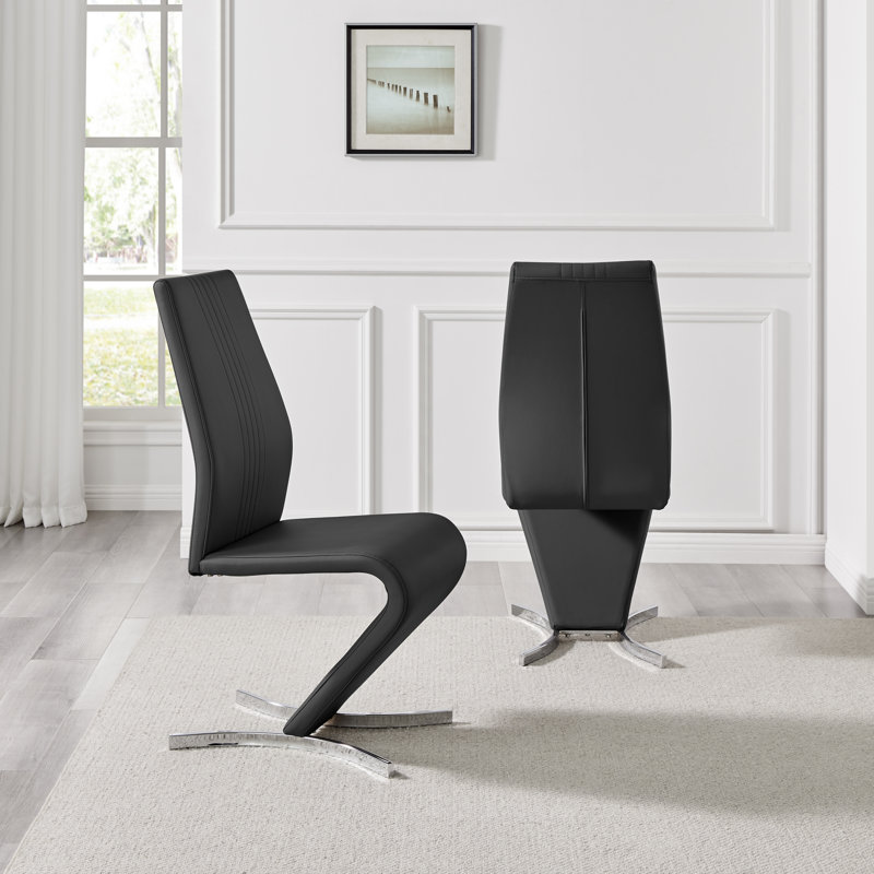 Faux Leather Chrome Legs Dining Chairs Z-Shaped Chrome Feet Modern Design, Black
