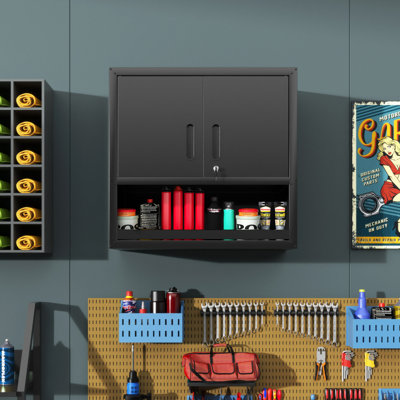 Armoire de rangement murale en métal avec porte verrouillable et 1 tablette 1 tiroir ouvert pour garage, entrepôt, assemblage requis