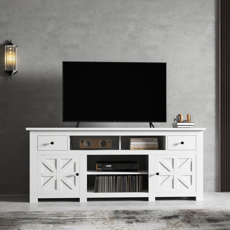 70"W Farmhouse TV Stand For TV Up To 80" with Storage, White