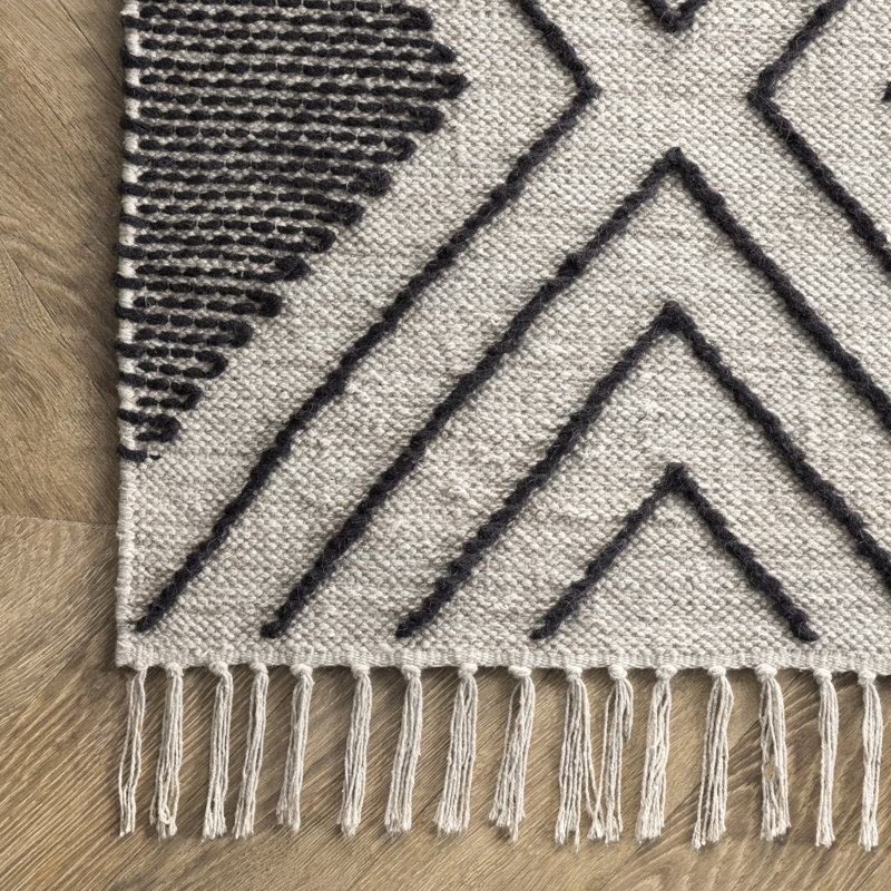 Tapis noir / ivoire en laine / coton tissé à plat à la main à motif géométrique, Rectangle 5 pi x 8 pi