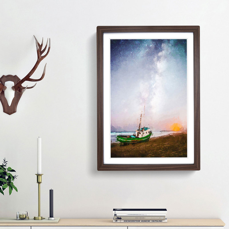 Grounded Fishing Boat at Dusk in Abstract - Picture Frame Graphic Art Print, 87cm H x 62cm W x 2cm D, Walnut Framed
