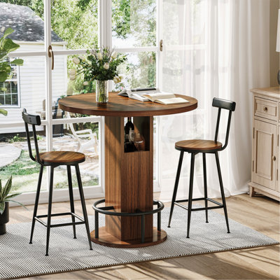 3-Piece Bar Table and Stool Set 31.5-inch round bar table with two stools Compact wooden dining bar with metal ring footrest Ideal for restaurants, cafes, bars, living rooms, and small spaces,Walnut
