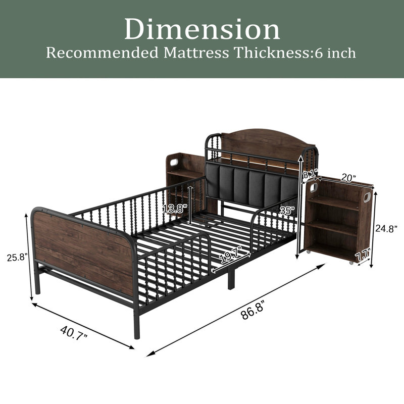 Structure de lit plateforme simple en métal avec lumière, lit simple en métal pour enfants avec tablettes de rangement rembourrées et escamotables