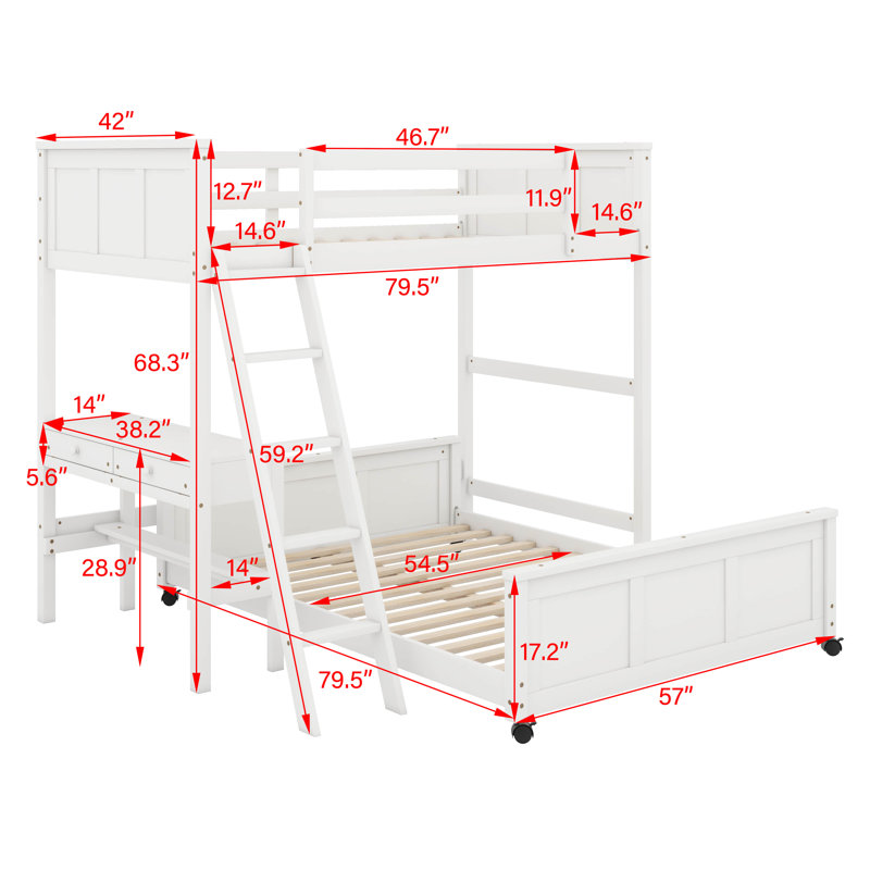 Lit simple superposé au dessus d'un lit double avec bureau, Blanc