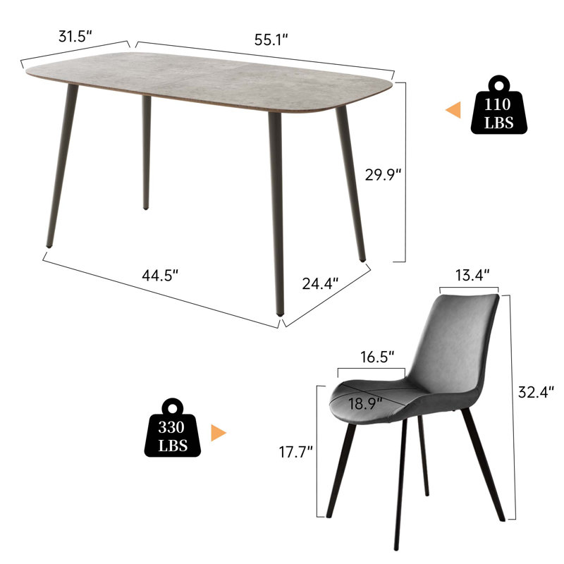55'' Rectangular Modern Kitchen Dining Table with 4 Upholstered Dining Chairs, Gray, Gray