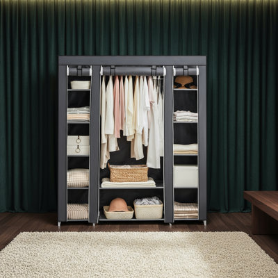 Black Portable Wardrobe For Bedroom, With Hanging Rods Covered With Non-Woven Fabric, Clothing Organizer, 12 Compartments. by Ebern Designs