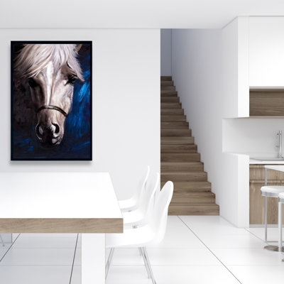 White Horse On Blue Background Print On Canvas