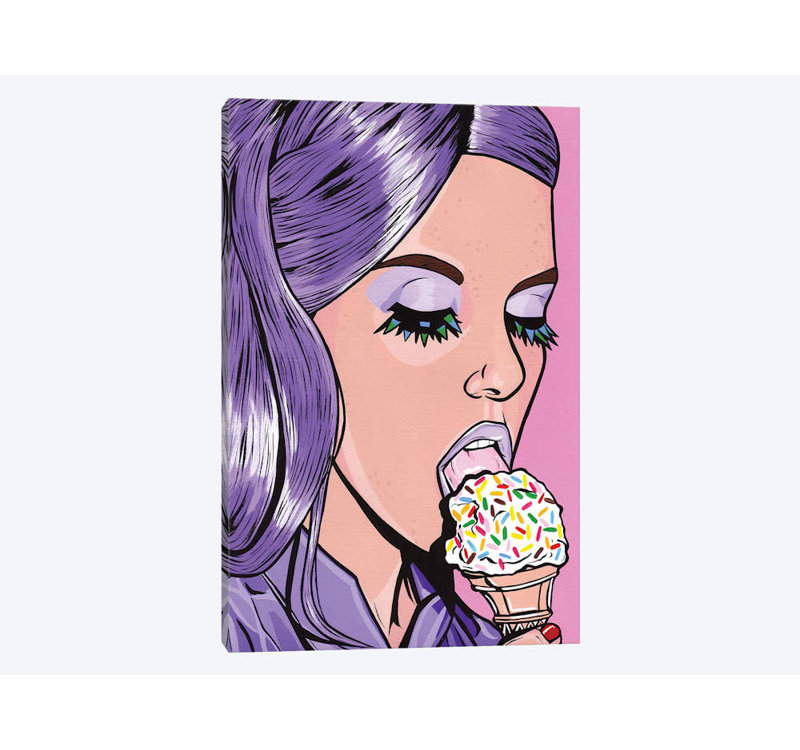 «Purple Ice Cream Comic Girl», impression sur toile, H 26 po x l 18 po x P 1,5 po, Toile tendue, Pas de tapis