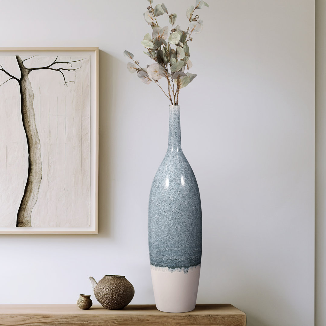 Romilly Decorative Flower Vase for Home Decor – Large Flower Vase for Entryway or Living Room Display – Tall Vase for Contemporary or Transitional Spaces – Blue and White Ivy Bronx 
