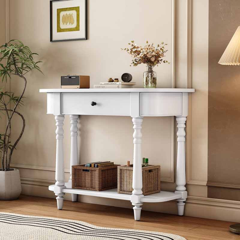 Narrow Console Table With Curved Corner And Top Drawer And Open Shelf, White, White