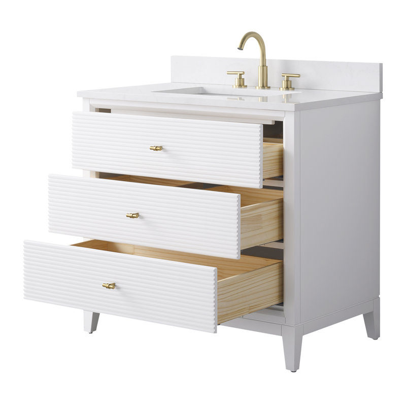 Caldwell 36" Single Sink Freestanding Bathroom Vanity with Engineered Marble Top, White, Golden Brushed, Ariston White