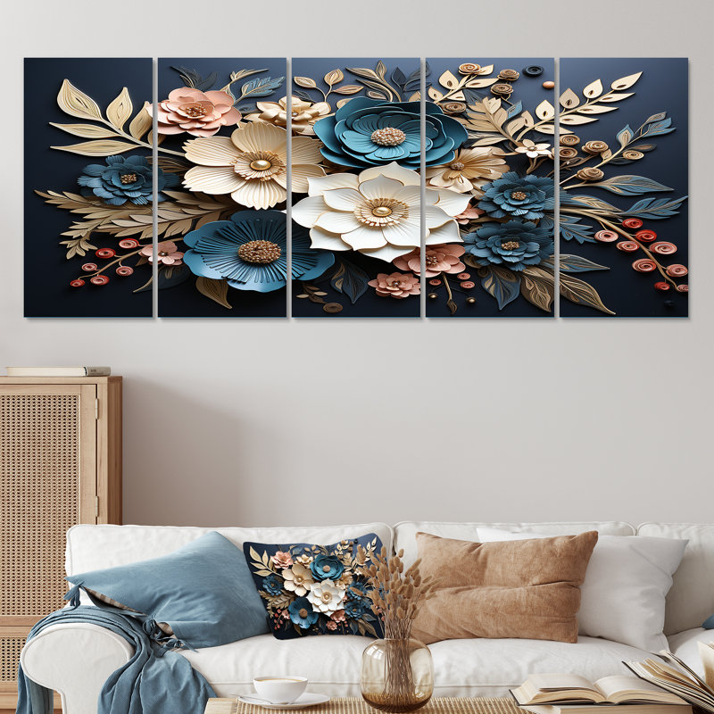 Bleu et or, charmantes fleurs printanières - fleurs, art mural 5 pièces pour le salon, H 32 po x l 80 po