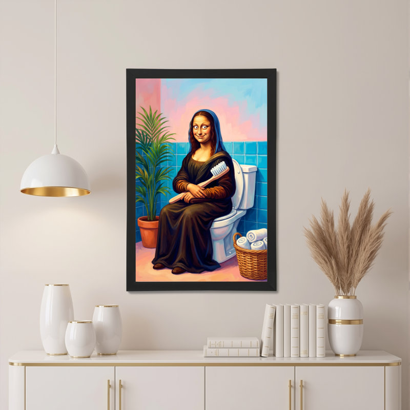 Tableau sur toile « Mona Lisa aux toilettes avec brosse à dents » (1 pièce), H 30 po x l 20 po