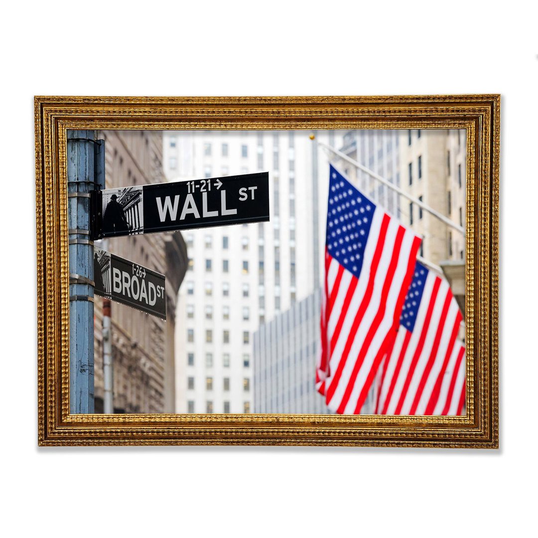 Gerahmtes Leinwandbild Wall Street American Flags