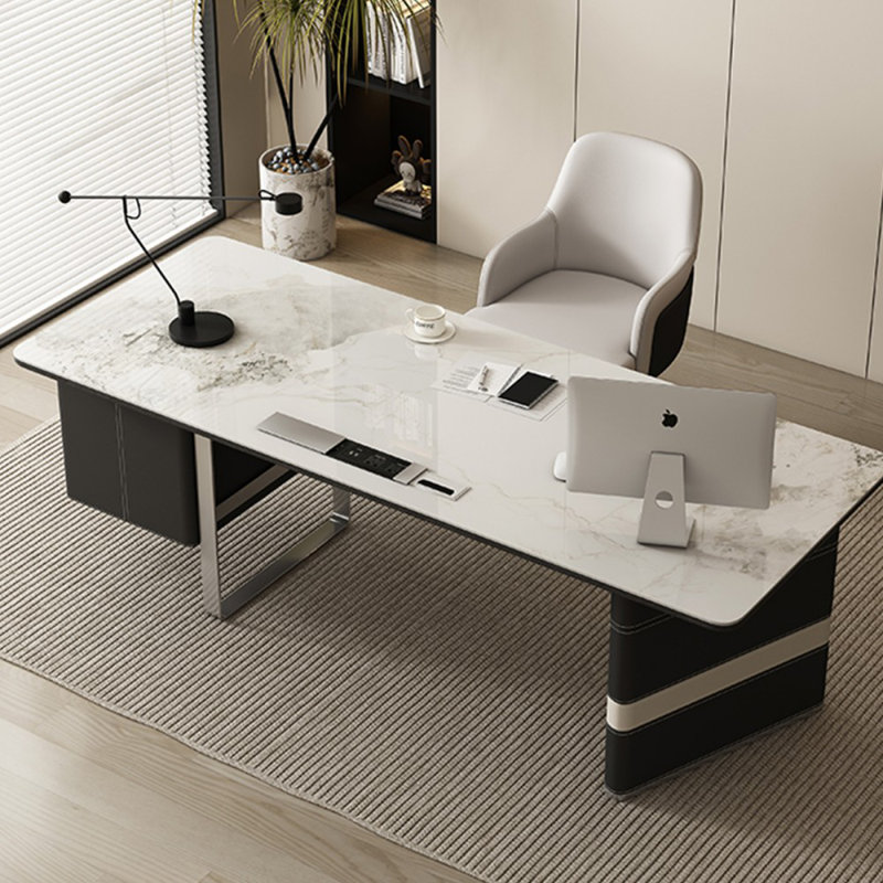 Bureau à 3 tiroirs noir + argent fritté rectangulaire + bois manufacturé + acier inoxydable, Orienté à droite