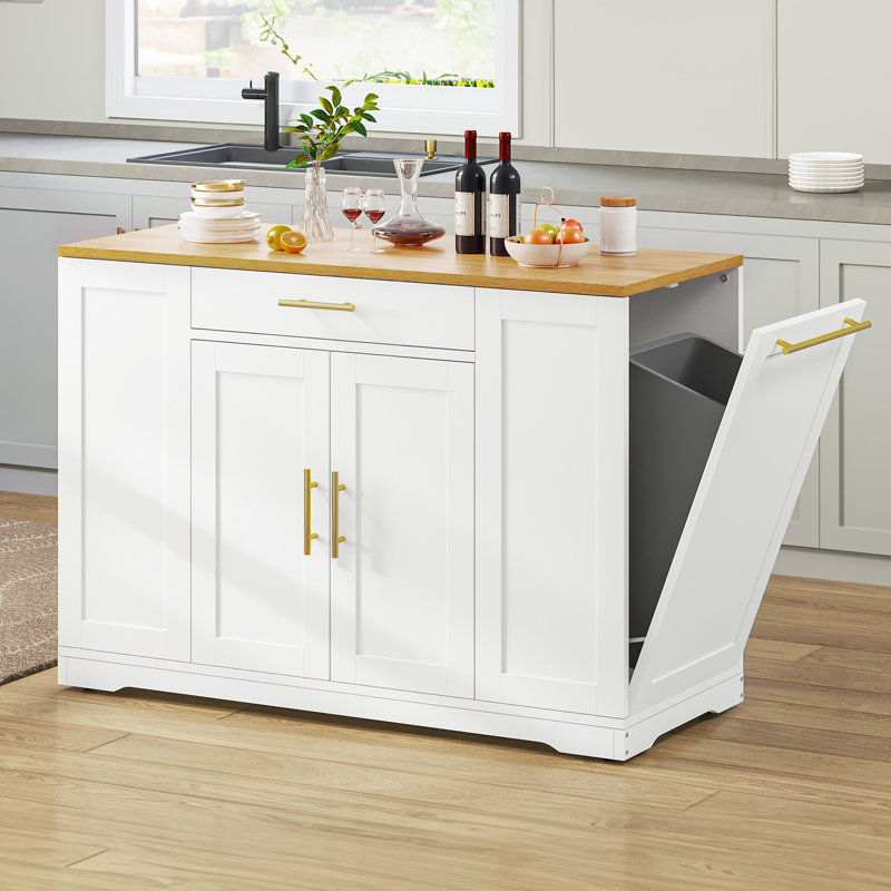 Cushing Rolling Kitchen Island with Wood Top & Trash Can Storage Cabinet, White
