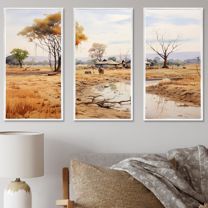 «Beige African Safari Landscape I», art mural Afrique, Cadre flottant blanc, H 28 po x l 36 po x P 1 po