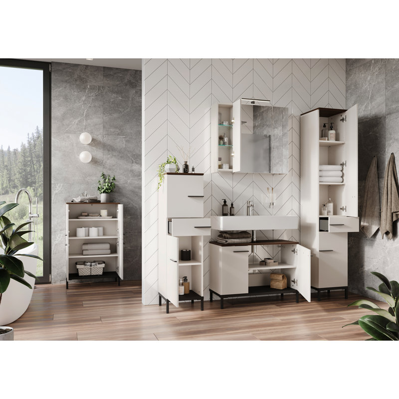 Yonkers  Plastic Free-Standing Bathroom Cabinet, Walnut / Cashemere