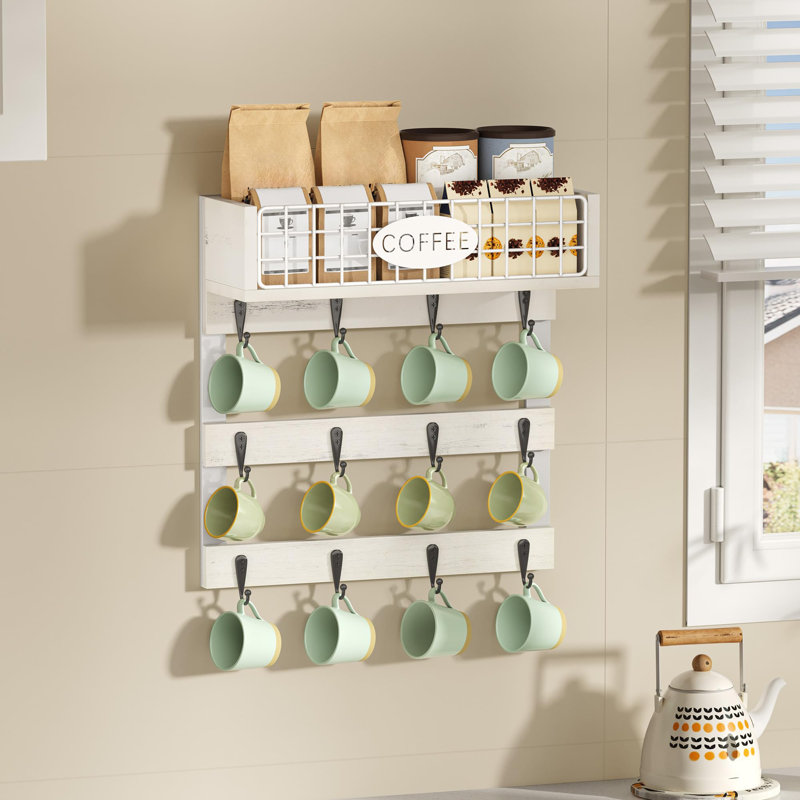 Wall-Mounted Mug Holder with 12 Hooks, White