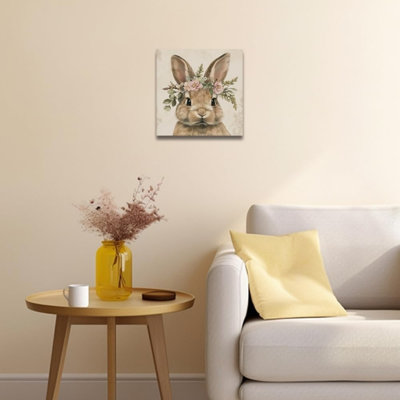 Lapin portant une couronne de fleurs, art mural en toile non encadrée 16 po x 16 po