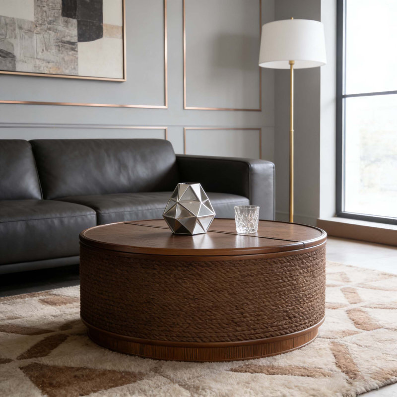 Table basse ronde en rotin avec couvercle amovible, bordure en corde de chanvre tissée à la main
