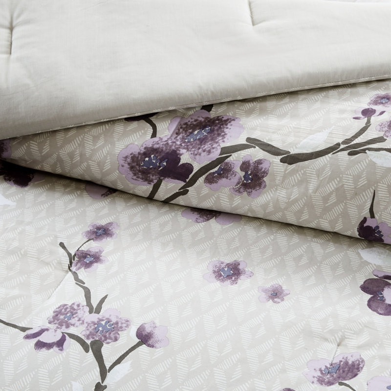 Édredon très grand lit. Mauve / coton taupe Remplir. Motif floral imprimé. Édredon, taies décoratives européennes, coussins décoratifs,. Lavable à la machine. - 8 pièces. Coton. . Imprimé. Comprend