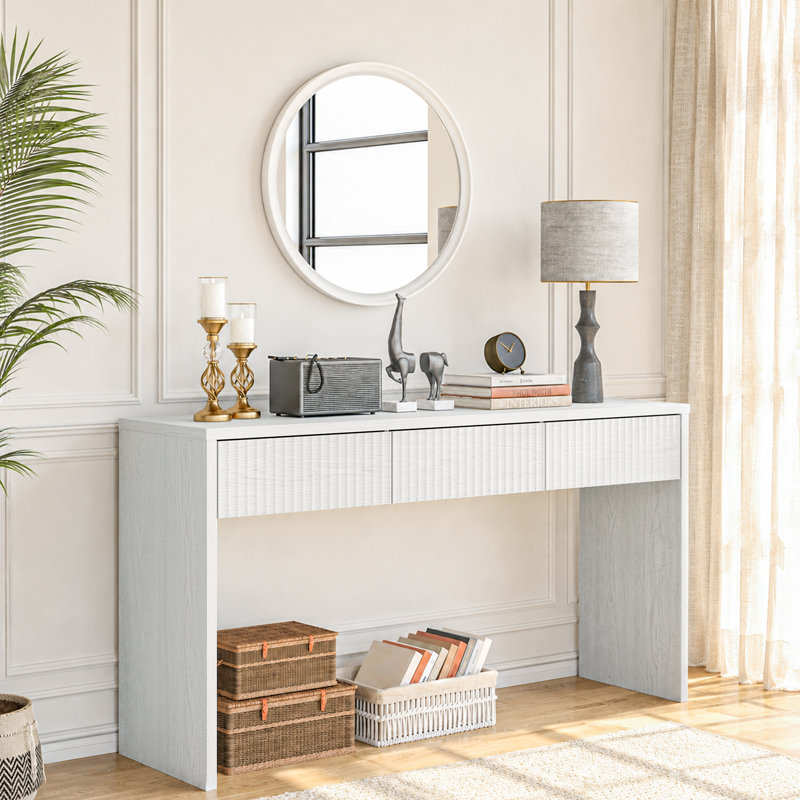 Higham 55" Wood Console Table with 3 Drawers,behind Couch Table for Entryway,Fluted Design,Off White, Off White