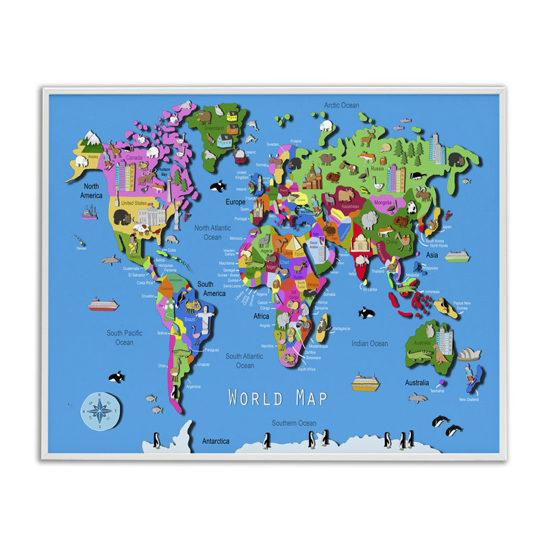 Éducative, carte du monde encadrée, estampe numérique par Carla Daly, Estampe numérique encadrée blanc bord de mer