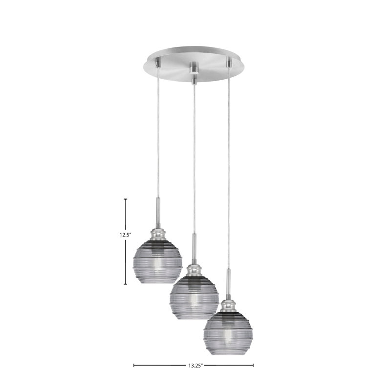 Luminaire suspendu grappe 3 lumières Edge, Nickel brossé, Fumée nervurée