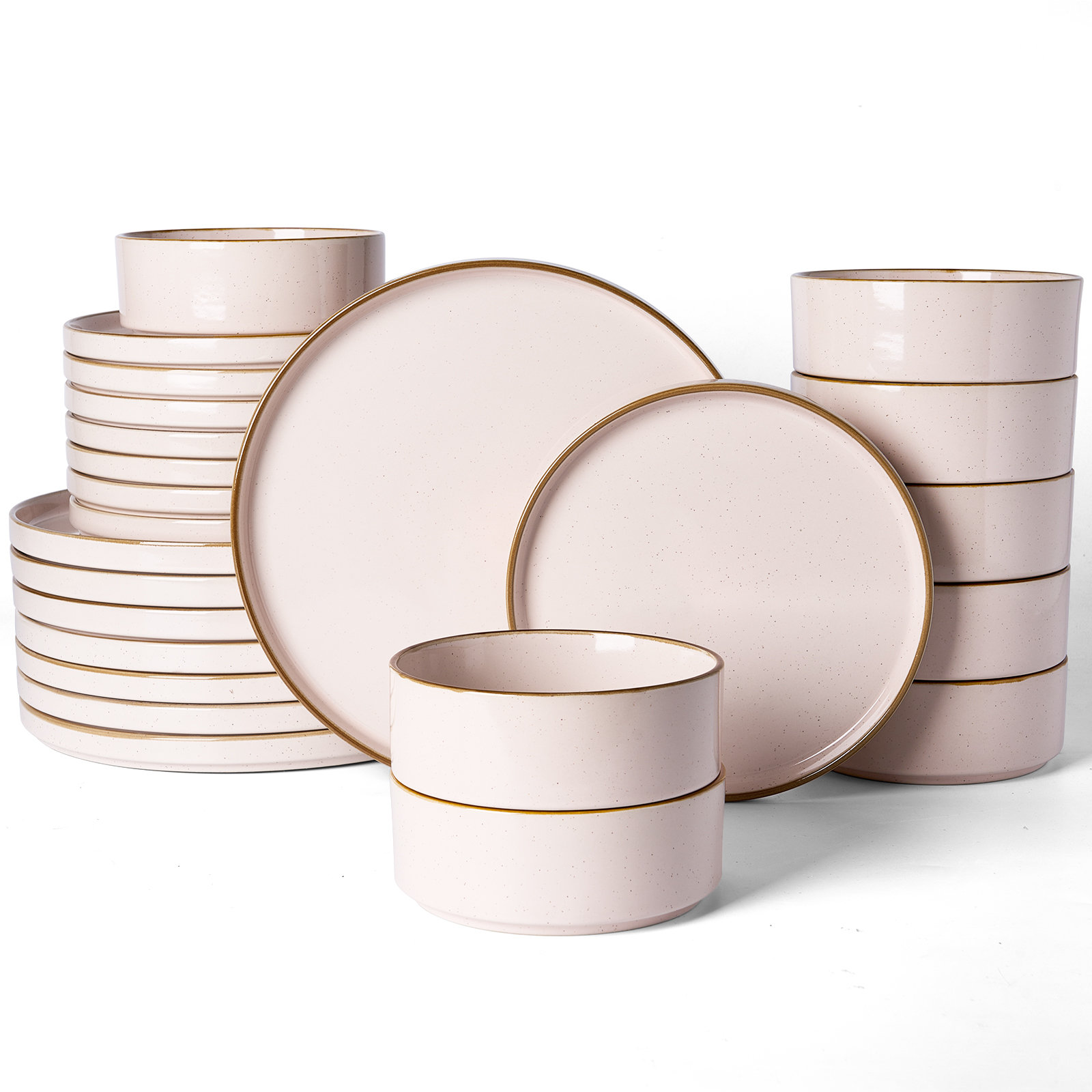 Nebula Plates And Bowls Sets, 24 Piece Dinnerware Sets,Vanilla White with Brown Rim, Light Pink with Brown Rim