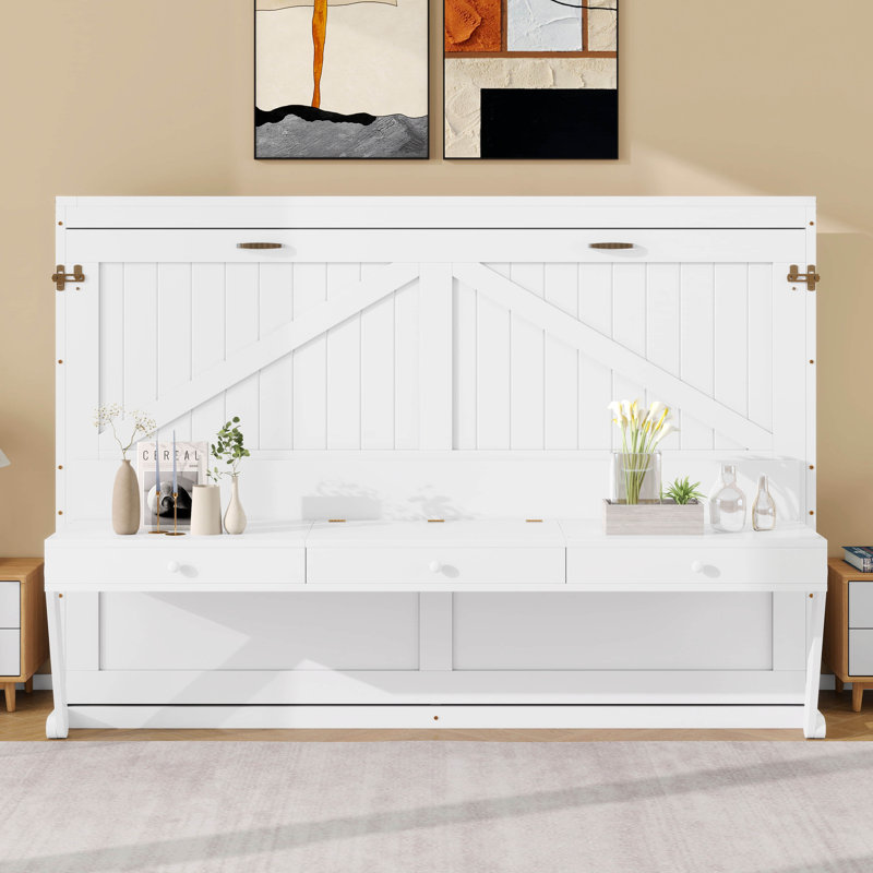 Lit escamotable avec bureau de coiffeuse, miroir central et 2 tiroirs latéraux, Blanc