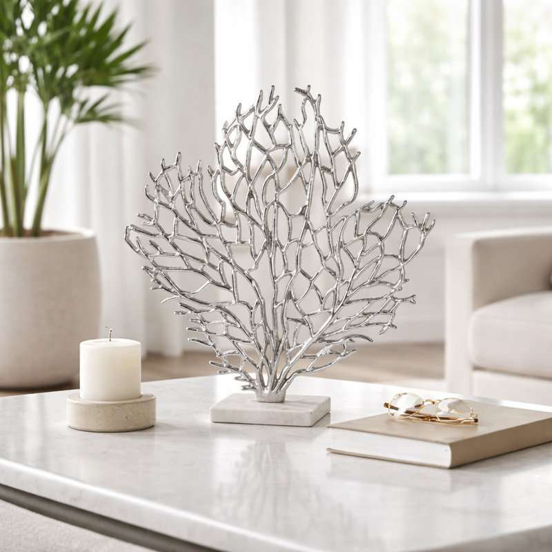 Sculpture Beti - Métal - Design d'inspiration corail avec base en marbre, H 21 po x l 19 po x P 4 po, Argent argent