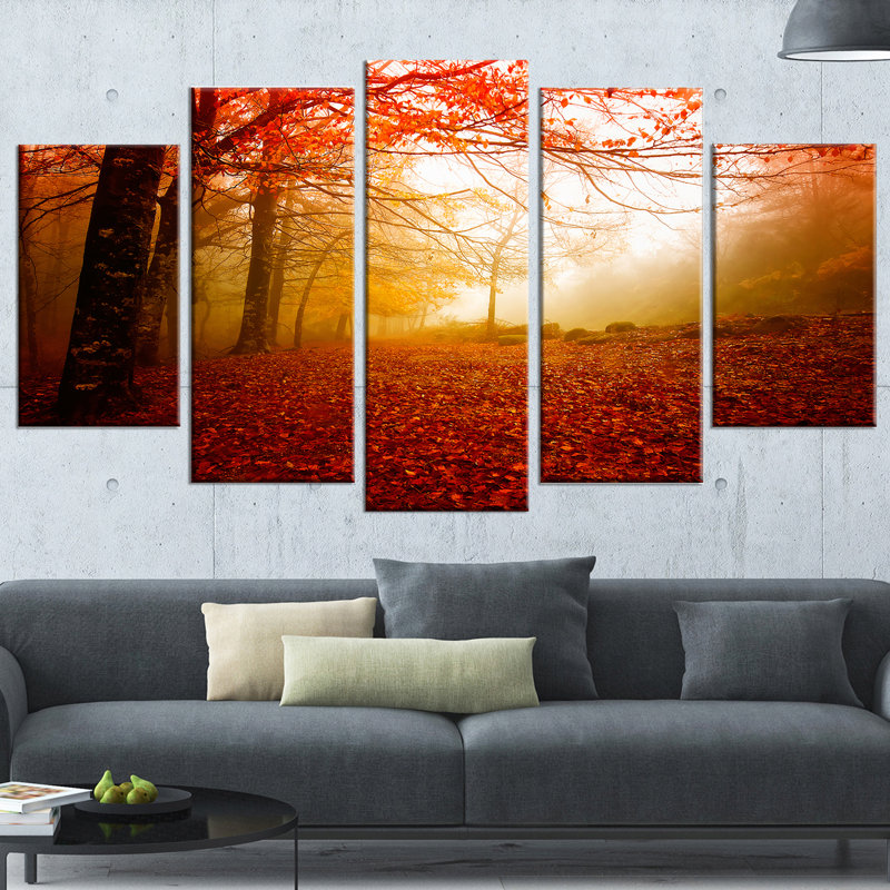 «Yellow Sun Rays in Red Forest», ensemble de 5 impressions sur toile tendue