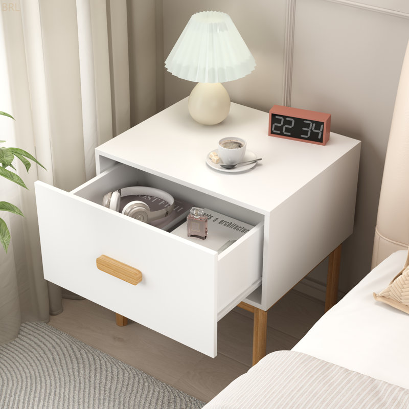 Table de chevet blanche moderne avec tiroir et pieds en bois, table de chevet minimaliste avec poignée pour chambre à coucher, salon, appartement