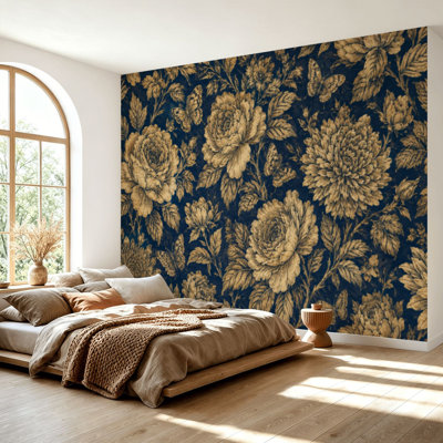 Papier peint auto-adhésif Belles fleurs, pivoines, roses, papillons, feuille d'or noire, papier auto-adhésif amovible, décoration murale pour salon, chambre à coucher H 69 po x l 96 po