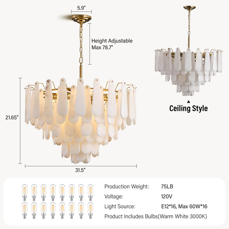 Norinne 31.5" 6-Layer Luxury Round Alabaster Living Room Gold Chandelier, 16, 6, Brushed Gold