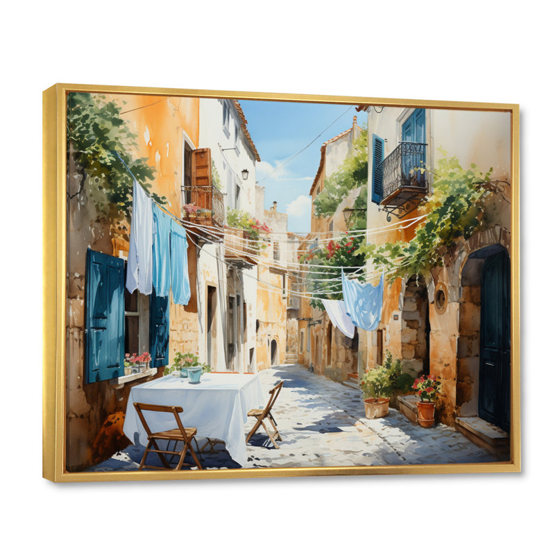 Jour de lessive en Italie I - Art mural, Cadre flottant doré, H 12 po x l 20 po x P 1 po
