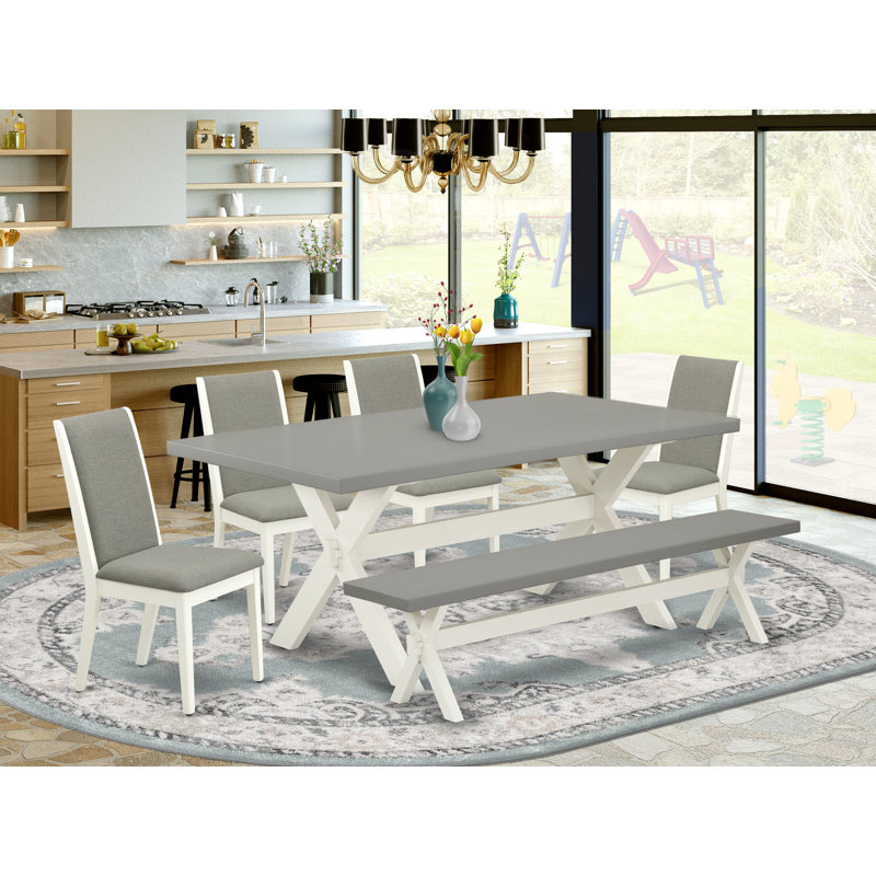 L'ensemble de table de salle à manger 6 pièces moderne comprend une table rectangulaire en bois avec des pieds en X et 4 chaises Parson en tissu Shitake en lin avec un banc, en lin brossé blanc